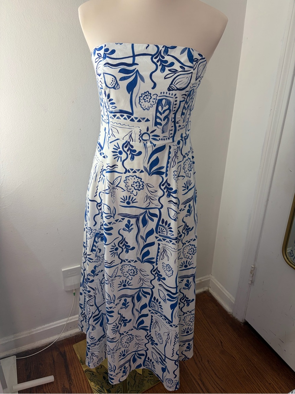 Rachel Zoe Strapless Cotton White Maxi Dress with Blue nautical Print